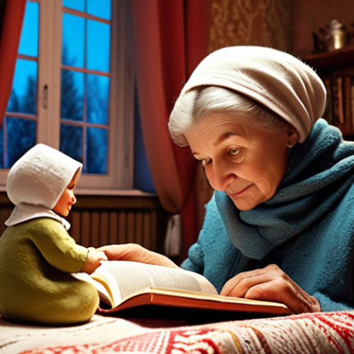 Home 11 **
A cozy scene of a Russian grandmother reading a fairytale to her grandchild. Focus on the warm, inviting atmosphere, with soft lighting and traditional Russian elements in the background, like a samovar or a babushka doll. The fairytale book should be visible, perhaps depicting "Repka" (The Turnip).
**