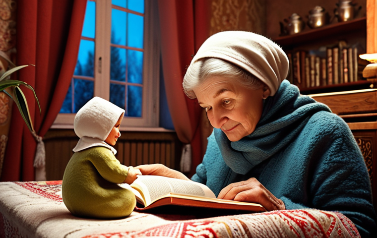 **
A cozy scene of a Russian grandmother reading a fairytale to her grandchild. Focus on the warm, inviting atmosphere, with soft lighting and traditional Russian elements in the background, like a samovar or a babushka doll. The fairytale book should be visible, perhaps depicting "Repka" (The Turnip).
**