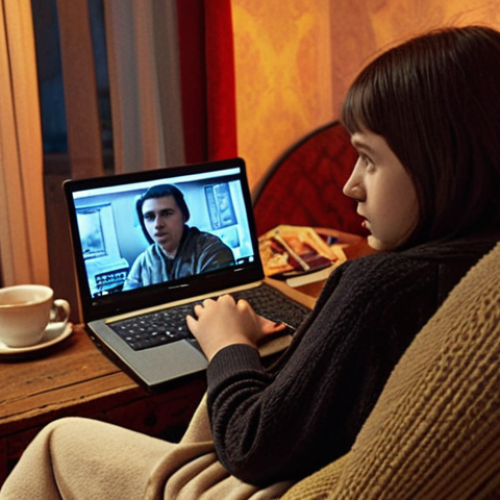 Home 6 **
A cozy living room scene at night. A person is sitting on a comfortable armchair, watching the classic Russian film "Ironiya sudby, ili S legkim parom!" (The Irony of Fate) on a laptop. Subtitles are visible on the screen. There's a cup of tea on a side table and a notebook with Russian phrases written in it. The overall mood is warm, inviting, and focused on language learning through cultural immersion.
**