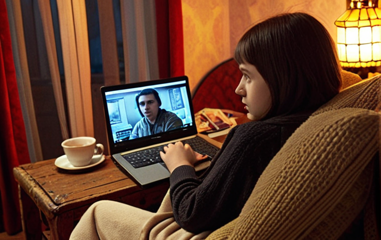 **
A cozy living room scene at night. A person is sitting on a comfortable armchair, watching the classic Russian film "Ironiya sudby, ili S legkim parom!" (The Irony of Fate) on a laptop. Subtitles are visible on the screen. There's a cup of tea on a side table and a notebook with Russian phrases written in it. The overall mood is warm, inviting, and focused on language learning through cultural immersion.
**