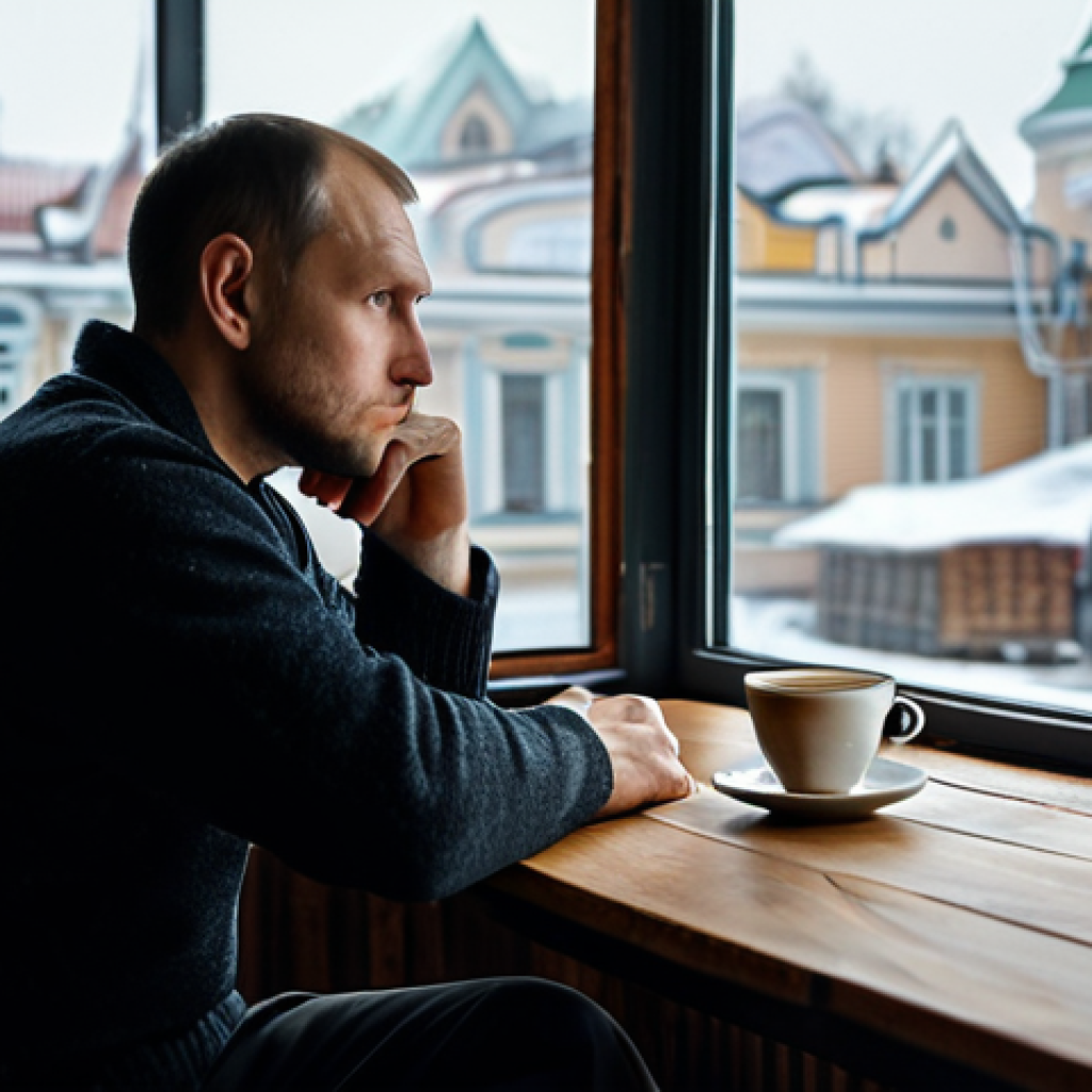 A thoughtful Russian man in his late 30s, dressed in a modest, dark sweater and casual trousers, sitting alone at a wooden table in a dimly lit, cozy cafe with large windows showing a snowy cityscape outside. He holds a cup of tea, gazing out the window with a pensive expression, reflecting the unique Russian soul and deep introspection. The scene is calm and atmospheric. Fully clothed, appropriate attire, modest, safe for work, perfect anatomy, correct proportions, natural pose, well-formed hands, proper finger count, natural body proportions, professional photography, high quality, realistic.