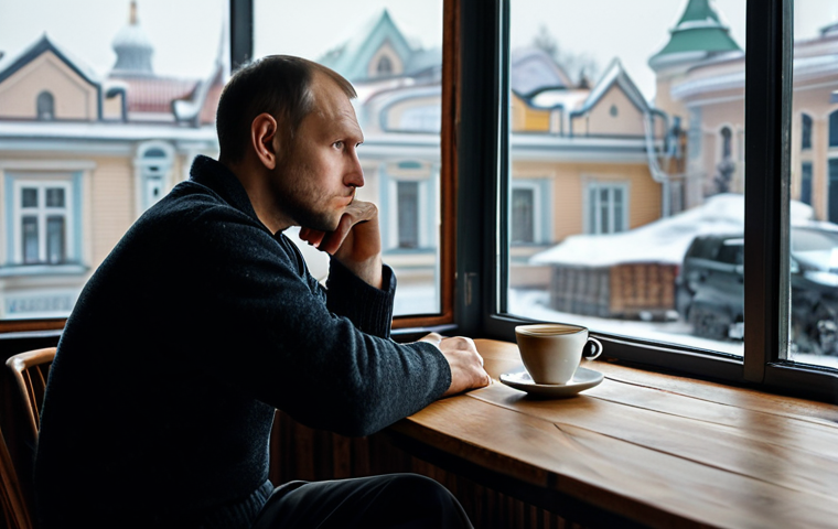 A thoughtful Russian man in his late 30s, dressed in a modest, dark sweater and casual trousers, sitting alone at a wooden table in a dimly lit, cozy cafe with large windows showing a snowy cityscape outside. He holds a cup of tea, gazing out the window with a pensive expression, reflecting the unique Russian soul and deep introspection. The scene is calm and atmospheric. Fully clothed, appropriate attire, modest, safe for work, perfect anatomy, correct proportions, natural pose, well-formed hands, proper finger count, natural body proportions, professional photography, high quality, realistic.