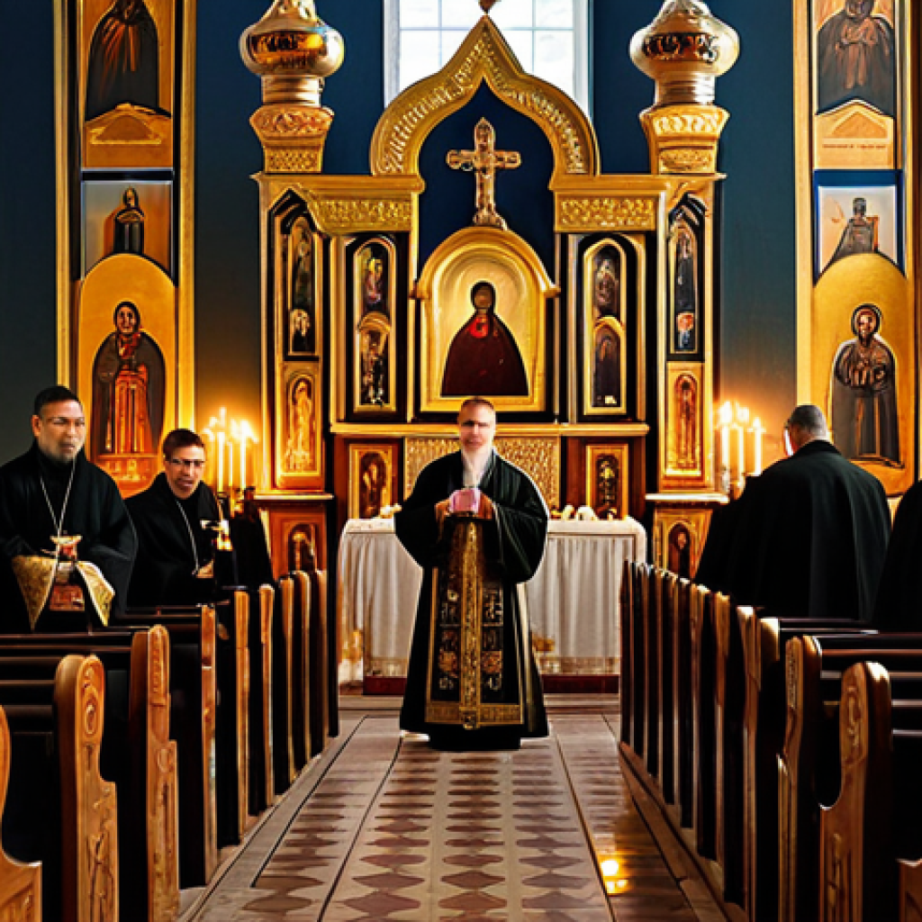 러시아 정교회 예배 - **Prompt:** Interior of a Russian Orthodox church, bathed in soft candlelight, featuring ornate icon...
