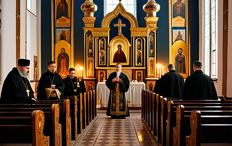 러시아 정교회 예배 - **Prompt:** Interior of a Russian Orthodox church, bathed in soft candlelight, featuring ornate icon...