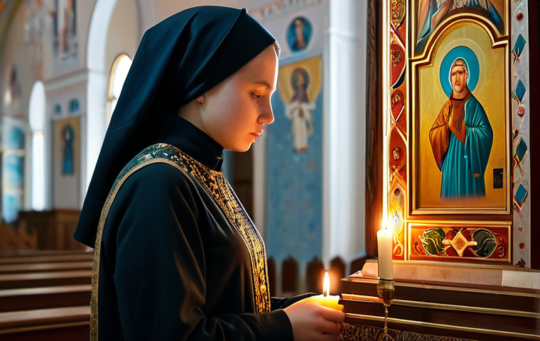 러시아 정교회 예배 - **Prompt:** Interior of a Russian Orthodox church, bathed in soft candlelight, featuring ornate icon...