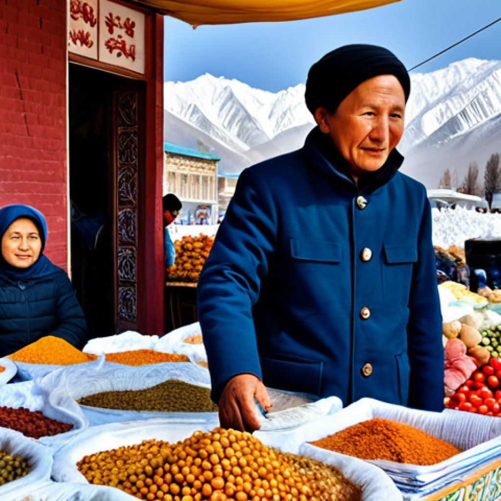 러시아 독립국가연합 CIS 관계 - **Prompt:** A bustling marketplace in Bishkek, Kyrgyzstan. Focus on vendors selling traditional craf...