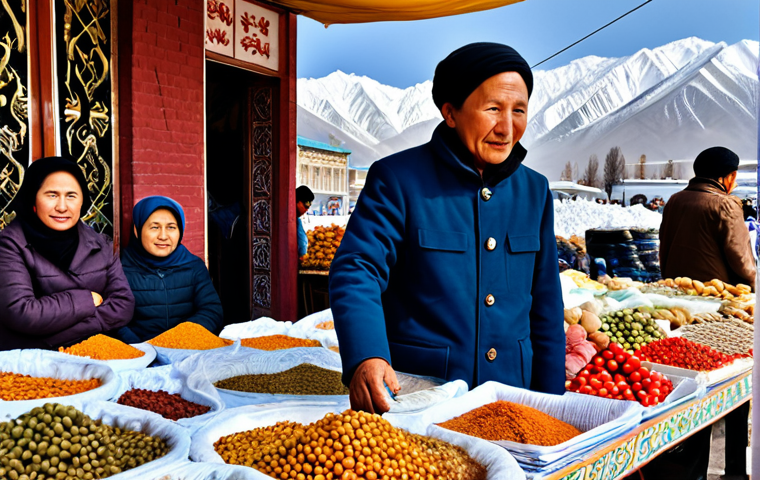 러시아 독립국가연합 CIS 관계 - **Prompt:** A bustling marketplace in Bishkek, Kyrgyzstan. Focus on vendors selling traditional craf...