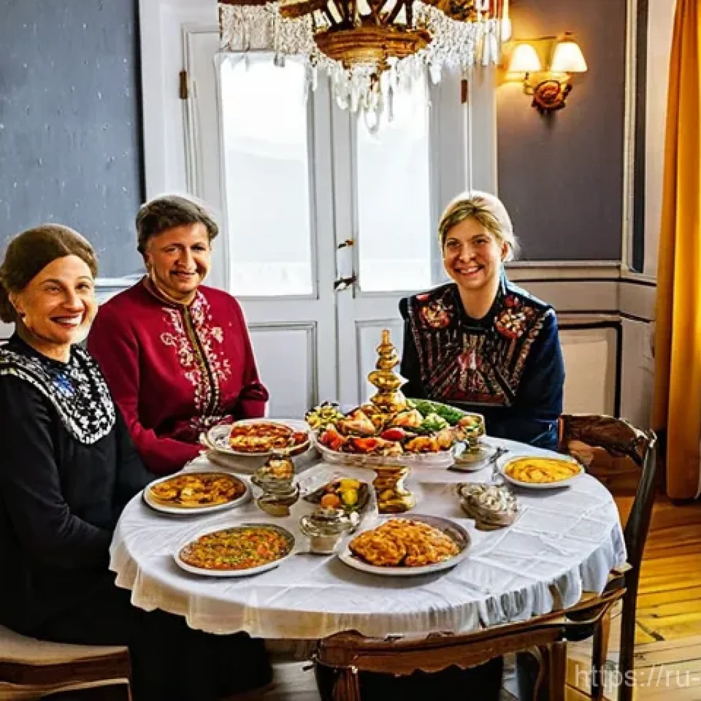 러시아에서 주의할 관습 - **Prompt:** "A welcoming scene inside a cozy, traditional Russian apartment, radiating warmth and ho...