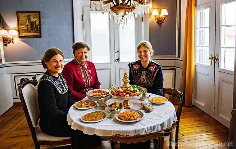 러시아에서 주의할 관습 - **Prompt:** "A welcoming scene inside a cozy, traditional Russian apartment, radiating warmth and ho...