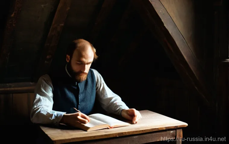 러시아 언어로 된 유명 소설 - **Prompt 1: Dostoevsky - Psychological Intensity**
A young man, resembling a 19th-century Russia...