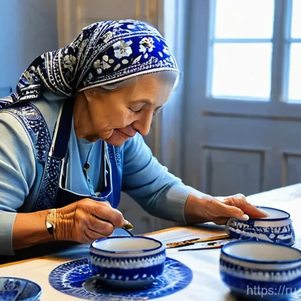 러시아 민속 공예품 구매처 - **A Gzhel Master at Work:** A serene, elderly Russian woman with kind eyes, dressed in a modest, tra...