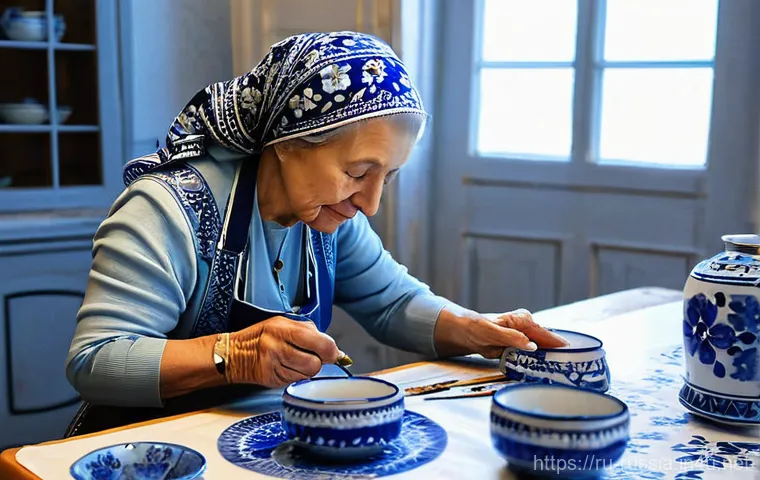 러시아 민속 공예품 구매처 - **A Gzhel Master at Work:** A serene, elderly Russian woman with kind eyes, dressed in a modest, tra...