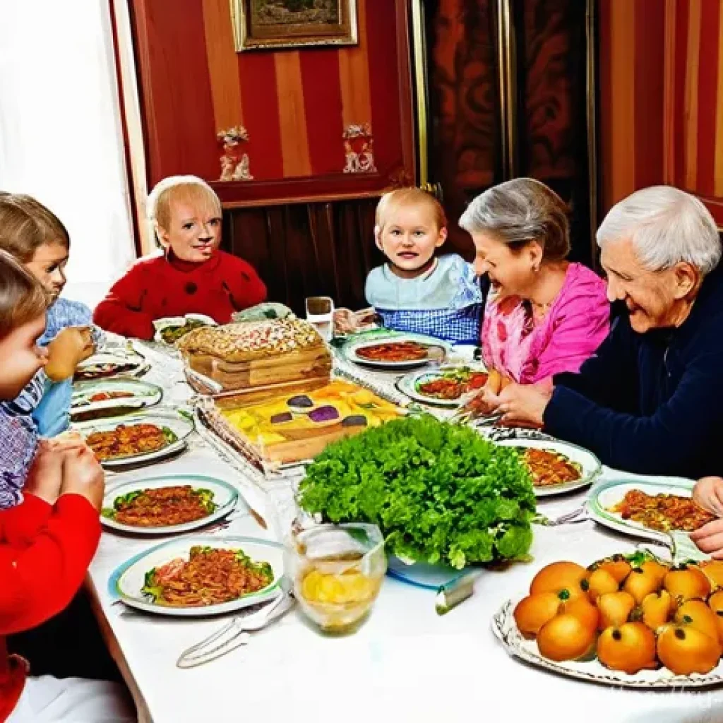 러시아와 유럽 문화 차이 - **A Russian Family Feast.** A warm, inviting scene inside a traditional Russian home, perhaps a dach...