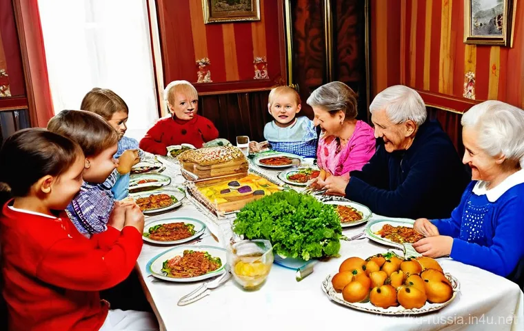 러시아와 유럽 문화 차이 - **A Russian Family Feast.** A warm, inviting scene inside a traditional Russian home, perhaps a dach...
