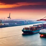 러시아 항구와 해운업 - **Prompt:** "A panoramic, high-definition photograph of a bustling, ultra-modern Russian Far Eastern...