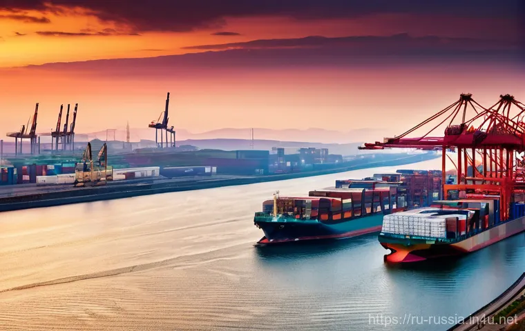 러시아 항구와 해운업 - **Prompt:** "A panoramic, high-definition photograph of a bustling, ultra-modern Russian Far Eastern...